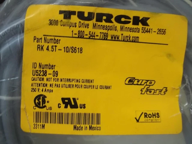 Alt view image 3 of 3 - TURCK RK 4.5T-10/S618 10 Meter Length, 5 Wire, CORDSET, Drain NOT Connected, FOIL Shield & Drain Wire, M12 EUROFAST, Nickel Plated Brass Coupling, NO LEDs, Single Ended, Standard Plug Body, STRAIG