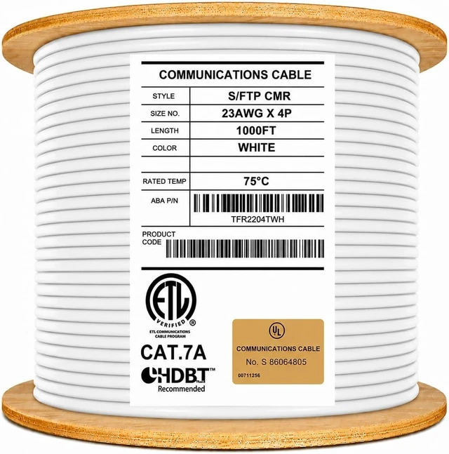 Main image of Elite CAT7A Shielded Riser (CMR), Ethernet Cable 1000ft Reel, Shielded Foil Twisted Pair (S/FTP) 23AWG, Solid Pure Bare Copper, 1000MHz, UL Certified, Easy Pull, Bulk Networking Cable - White