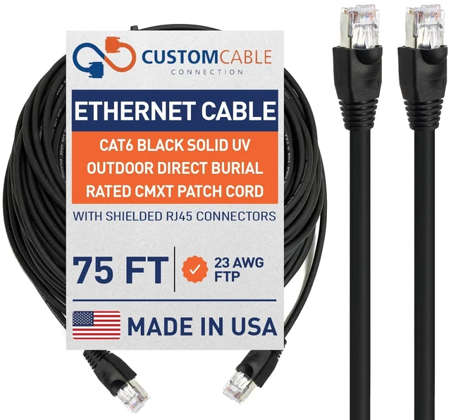 Main image of 75ft CAT6 Black Solid UV Outdoor Direct Burial Rated CMXT Patch Cord