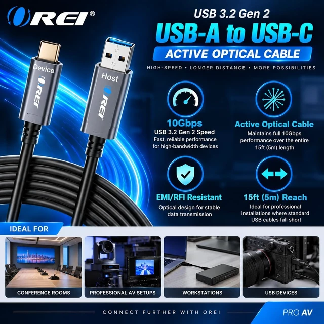 Alt view image 2 of 3 - OREI AOC USB 3.2 Gen2 USB-A to USB-C Active Optical Cable 10Gbps 15ft