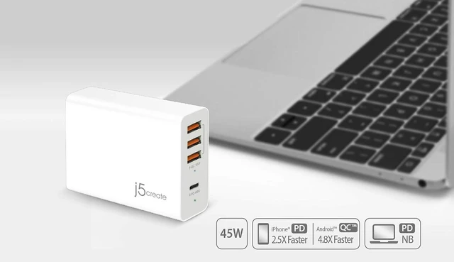 Alt view image 7 of 7 - j5create 63W 4-Port PD Super Charger Station with USB-C and USB-A