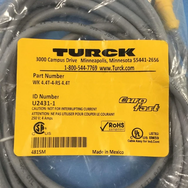 Alt view image 2 of 4 - TURCK WK 4.4T-4-RS 4.4T 4 Meter Length, 4 Wire, CORDSET, Double Ended, M12 EUROFAST, Nickel Plated Brass Coupling, NO LEDs, PVC Jacket, Right Angle Female Connector, Standard Plug Body, Straight Male