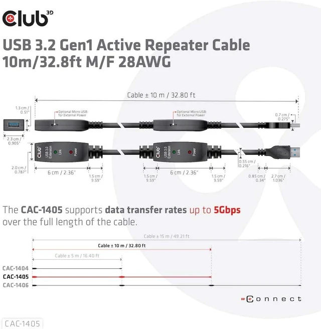Alt view image 2 of 6 - CLUB3D USB 3.2 Gen1 Active Repeater Cable 10 m / 32.8 ft M/F 28AWG