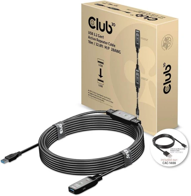 Main image of CLUB3D USB 3.2 Gen1 Active Repeater Cable 10 m / 32.8 ft M/F 28AWG