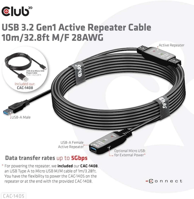 Alt view image 4 of 6 - CLUB3D USB 3.2 Gen1 Active Repeater Cable 10 m / 32.8 ft M/F 28AWG