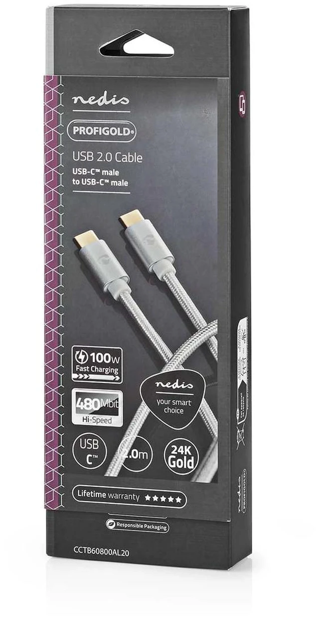 Alt view image 2 of 5 - Nedis USB Cable - USB 2.0 - USB-C Male - USB-C Male - 100 W - 480 Mbps - Gold-Plated - 2.00 m - Round - Braided / Nylon - Silver - Packaging with Window