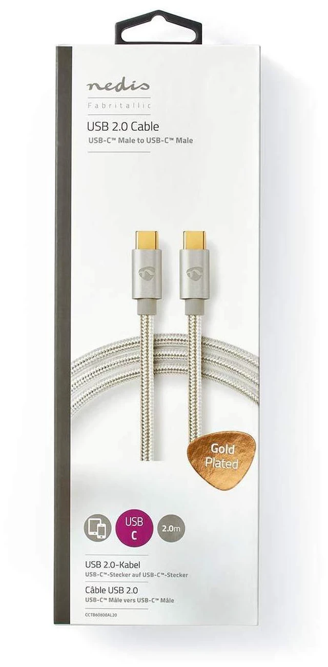 Alt view image 4 of 5 - Nedis USB Cable - USB 2.0 - USB-C Male - USB-C Male - 100 W - 480 Mbps - Gold-Plated - 2.00 m - Round - Braided / Nylon - Silver - Packaging with Window