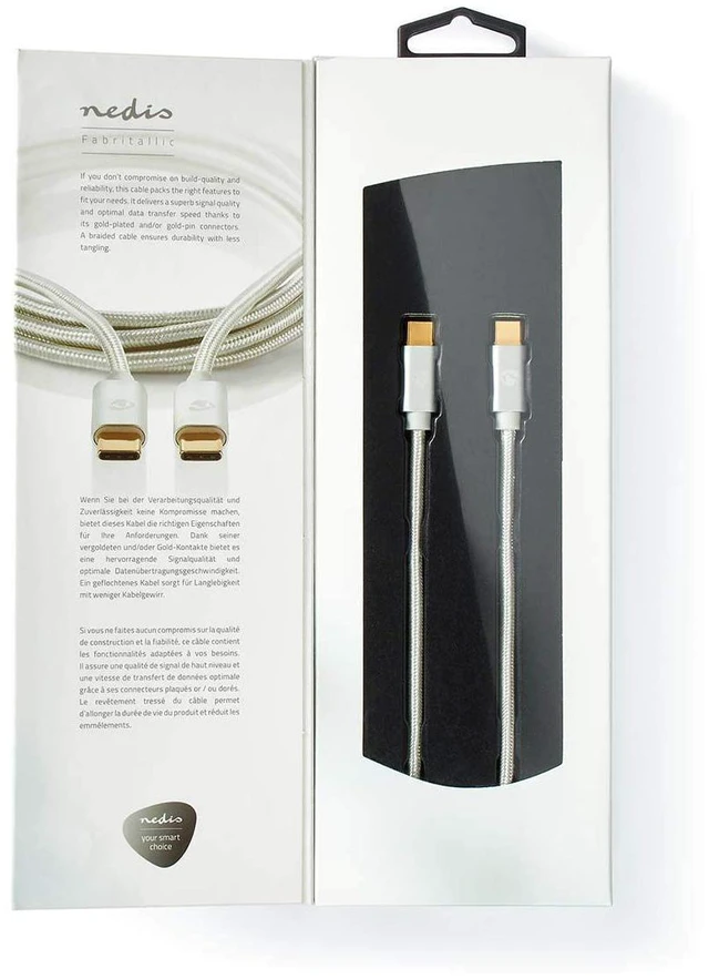 Alt view image 5 of 5 - Nedis USB Cable - USB 2.0 - USB-C Male - USB-C Male - 100 W - 480 Mbps - Gold-Plated - 2.00 m - Round - Braided / Nylon - Silver - Packaging with Window