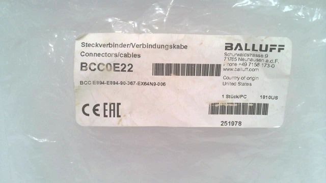 Alt view image 3 of 3 - Balluff Bcc0e22, Ethernet Cable, Bcc E894-E894-90-367-Ex64n9-006 Bcc0e22