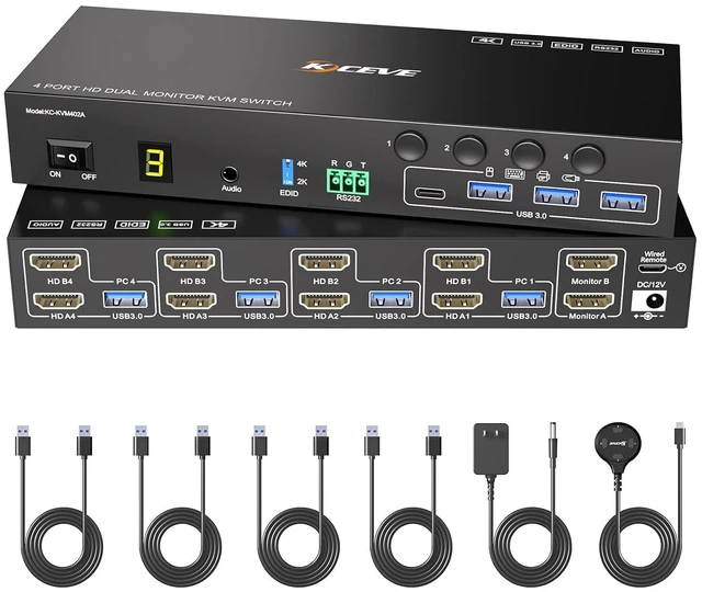 Main image of HDMI KVM Switch 2 Monitors 4 Computers 4K@60Hz Audio RS232 EDID Emulation
