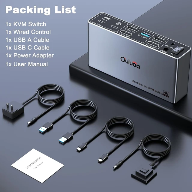 Alt view image 4 of 7 - USB C Kvm Switch 2 Monitors 1 Desktop and 1 Laptop, Dual Monitor KVM Switch Docking Station, 4K@60Hz Expand 2 HDMI Displays,USB 3.0x3,USB C x1, PD 100W, Wired Remote and USB Cable Included