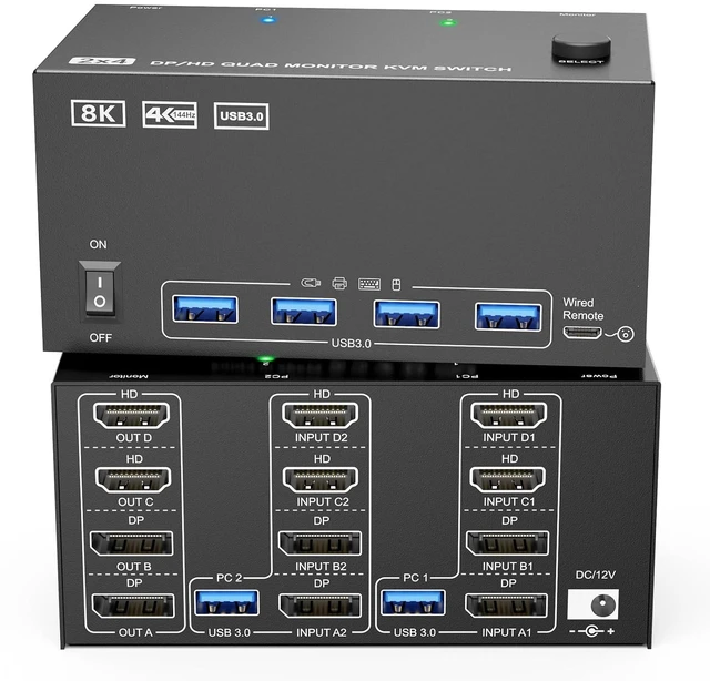 Main image of KVM Switch 4 Monitors 2 Computers HDMI + DisplayPort, KCEVE DP 2 Computer Switcher, Support 8K@30Hz/4k@144Hz for 4 PC Share 4 Display and 4 USB 3.0 Devices