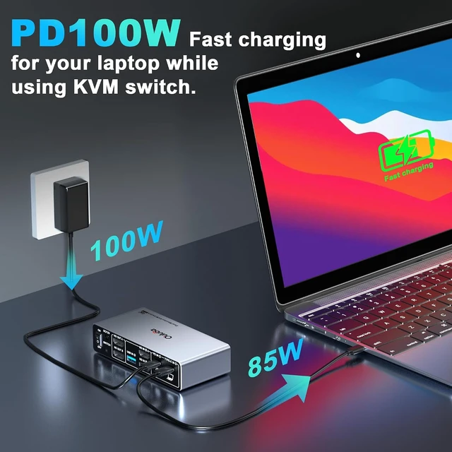 Alt view image 7 of 7 - USB C Kvm Switch 2 Monitors 1 Desktop and 1 Laptop, Dual Monitor KVM Switch Docking Station, 4K@60Hz Expand 2 HDMI Displays,USB 3.0x3,USB C x1, PD 100W, Wired Remote and USB Cable Included