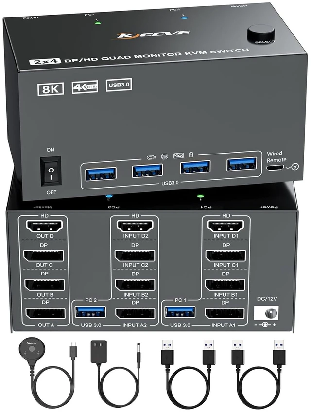 Main image of 8K Quad Monitor KVM Switch 4 Monitors 2 Computers HDMI+DP 4K@120Hz