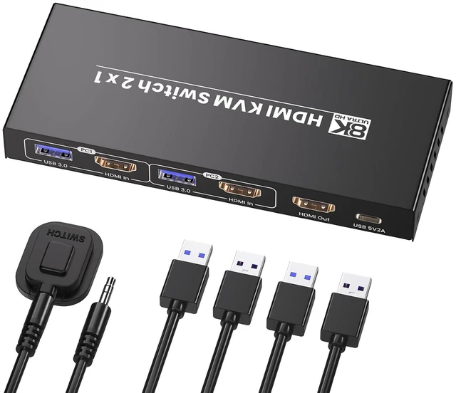 Main image of 8K60Hz 4K120Hz HDMI KVM Switch 1 Monitor 2 Computers, 2 Port KVM Switch for Controlling 2 PCs with 1 Monitor, Keyboard and Mouse, 4 Port USB 3.0 for Peripheral