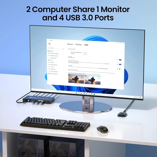 Alt view image 2 of 7 - 8K60Hz 4K120Hz HDMI KVM Switch 1 Monitor 2 Computers, 2 Port KVM Switch for Controlling 2 PCs with 1 Monitor, Keyboard and Mouse, 4 Port USB 3.0 for Peripheral