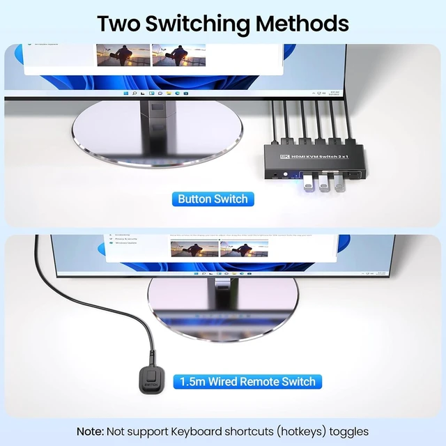 Alt view image 5 of 7 - 8K60Hz 4K120Hz HDMI KVM Switch 1 Monitor 2 Computers, 2 Port KVM Switch for Controlling 2 PCs with 1 Monitor, Keyboard and Mouse, 4 Port USB 3.0 for Peripheral