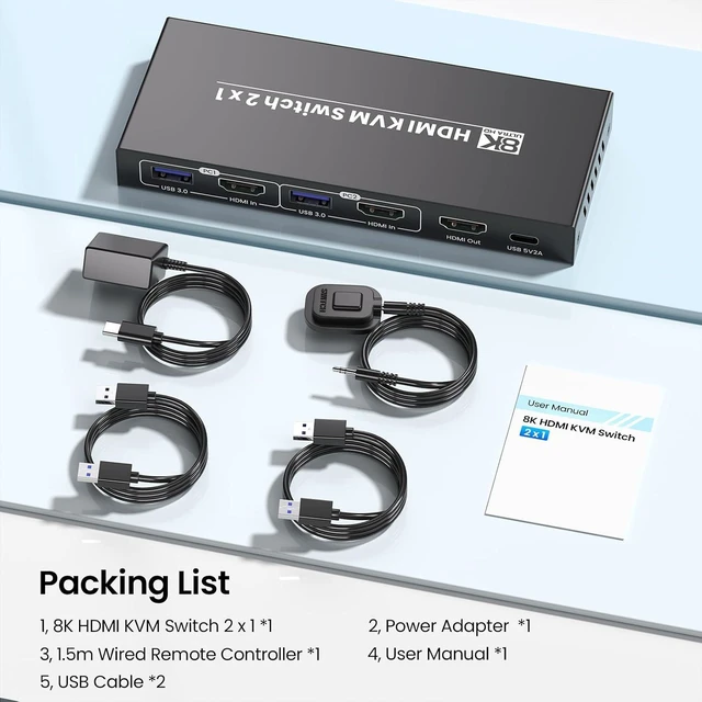 Alt view image 7 of 7 - 8K60Hz 4K120Hz HDMI KVM Switch 1 Monitor 2 Computers, 2 Port KVM Switch for Controlling 2 PCs with 1 Monitor, Keyboard and Mouse, 4 Port USB 3.0 for Peripheral