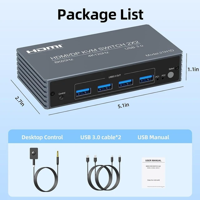 Alt view image 6 of 7 - 4K@120Hz HDMI DP Kvm Switch 2 Monitors 2 Computers 8K@60Hz Monitor Displayport KVM Switches, 4 USB3.0 Ports for 2 PC Share Mouse Keyboard and 2 Screens Support Button Switch PoC EDID Plug and Play