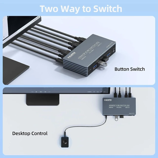 Alt view image 4 of 7 - 4K@120Hz HDMI DP Kvm Switch 2 Monitors 2 Computers 8K@60Hz Monitor Displayport KVM Switches, 4 USB3.0 Ports for 2 PC Share Mouse Keyboard and 2 Screens Support Button Switch PoC EDID Plug and Play