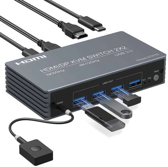 Main image of 4K@120Hz HDMI DP Kvm Switch 2 Monitors 2 Computers 8K@60Hz Monitor Displayport KVM Switches, 4 USB3.0 Ports for 2 PC Share Mouse Keyboard and 2 Screens Support Button Switch PoC EDID Plug and Play