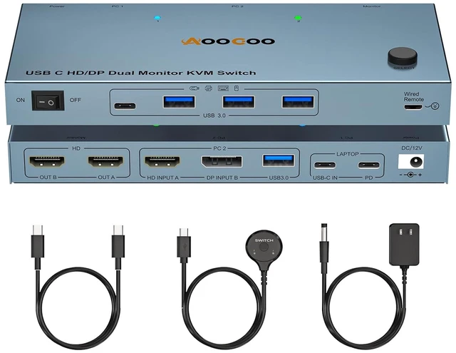 Main image of USB C KVM Switch 4K@60Hz,Dual Monitor USB C HDMI DP KVM Switch for 1 PC and 1 Laptop Sharing 2 Monitor and 4 USB3.0 Devices, PD Power for Laptop with Wired Remote Control and USB Cables, Silver 12cm