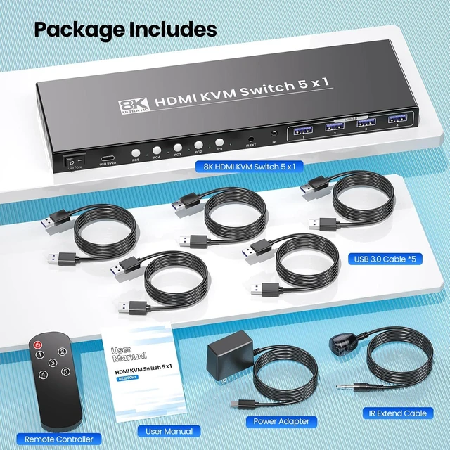 Alt view image 7 of 7 - 5 Port HDMI KVM Switch, 8K@60Hz 4K@120Hz KVM Switch 1 Monitor 5 Computers for Controlling 5 PCs with 1 Set of Keyboard, Mouse and Monitor