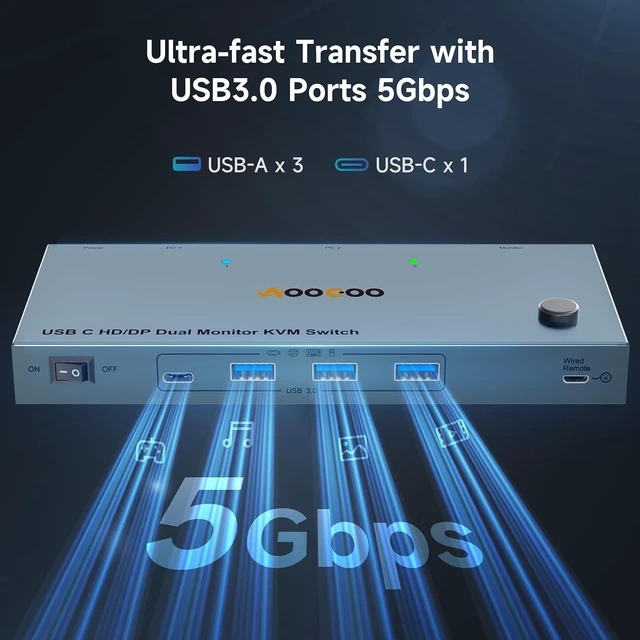 Alt view image 7 of 7 - USB C KVM Switch 4K@60Hz,Dual Monitor USB C HDMI DP KVM Switch for 1 PC and 1 Laptop Sharing 2 Monitor and 4 USB3.0 Devices, PD Power for Laptop with Wired Remote Control and USB Cables, Silver 12cm