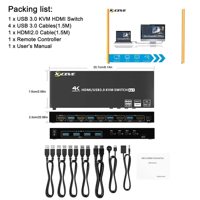 Alt view image 7 of 7 - KCEVE KVM HDMI Switch 4 Ports, 4 Computer Switch with EDID Emulator Support 4K@60Hz Resolution for 4 PC 1 Monitor Share Mouse Keyboard