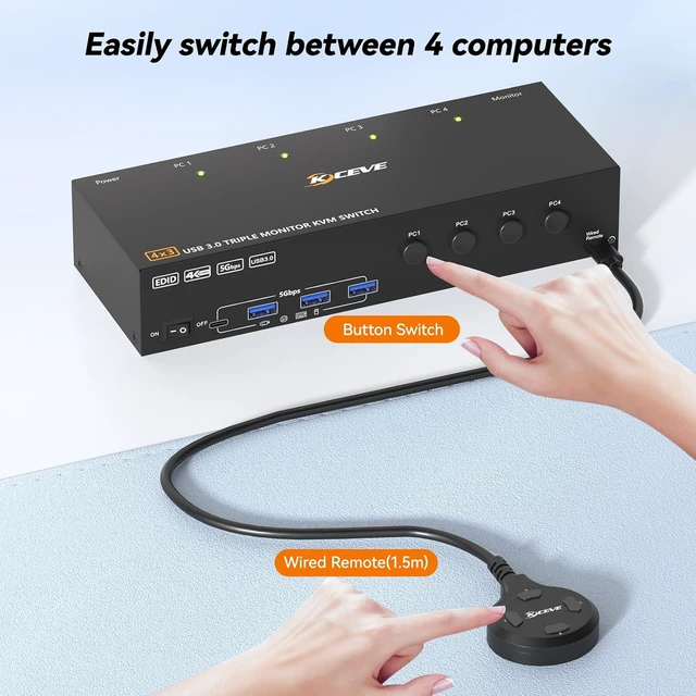 Alt view image 6 of 7 - KVM Switch 3 Monitors 4 Computers Displayport HDMI 4K@60Hz EDID Emulation