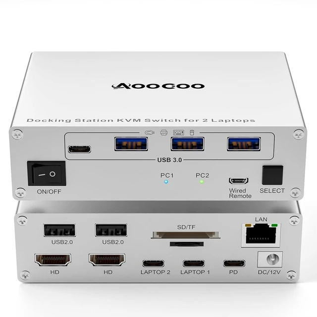 Main image of USB C KVM Switch 2 Monitors 2 Laptops,4K @60Hz MST Dual Monitor KVM Switch for 2 Computer, 100W PD and 1G Ethernet,Wired Remote Control and USB C Cables,Silver 11 cm