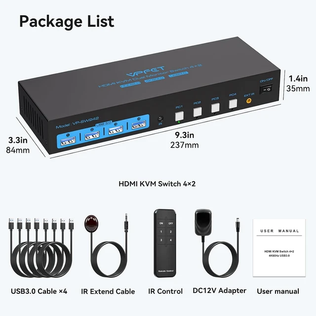 Alt view image 7 of 7 - HDMI KVM Switch 4 Computers 2 Monitors 4K@60Hz EDID Emulation 4 Port KVM Switch for 4 PC Share Dual Monitor and 4 USB 3.0 Devices Support Copy and Extend Mode with Controller, Plug and Play