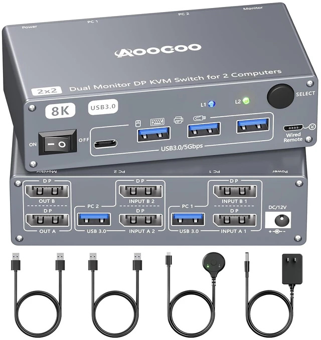 Main image of Displayport KVM Switch 2 Computers 2 Monitors, 8K@60Hz/4K@240Hz Dual Monitor KVM Switch for 2 PCs Share 2 Monitors, with 4 USB3.0 Ports, USB Cables and Power Adapter,Grey 12cm DP KVM