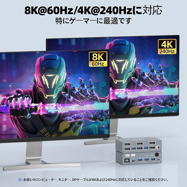 Alt view image 5 of 7 - Displayport KVM Switch 2 Computers 2 Monitors, 8K@60Hz/4K@240Hz Dual Monitor KVM Switch for 2 PCs Share 2 Monitors, with 4 USB3.0 Ports, USB Cables and Power Adapter,Grey 12cm DP KVM