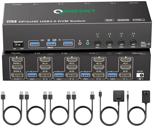 Main image of KVM Switch 3 Monitors 4 PC with Audio, HDMI DisplayPort Triple Monitor KVM Switcher 4 Computers 3 Monitors, Support 8K30Hz/4k60/4k144Hz, Suitable for Office, Gaming, Programmer Setup