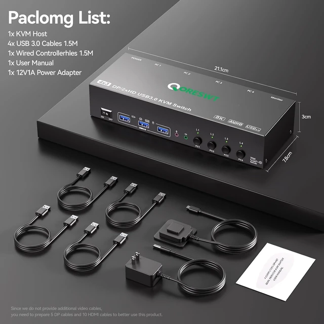 Alt view image 7 of 7 - KVM Switch 3 Monitors 4 PC with Audio, HDMI DisplayPort Triple Monitor KVM Switcher 4 Computers 3 Monitors, Support 8K30Hz/4k60/4k144Hz, Suitable for Office, Gaming, Programmer Setup