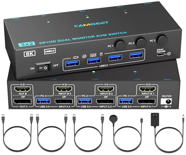 Main image of 8K@60Hz KVM Switch 2 Monitors 3 Computers Displayport and HDMI 4K@144Hz,Camgeet Dual Monitor KVM Switch 3 Computers with 4 USB 3.0 Ports for Keyboard,Mouse Wired Remote,Adapter and USB Cables Included