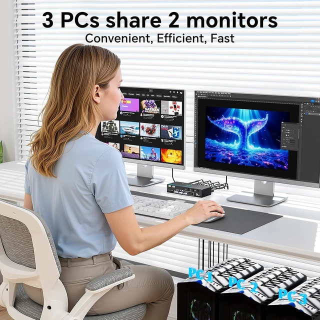 Alt view image 2 of 7 - 8K@60Hz KVM Switch 2 Monitors 3 Computers Displayport and HDMI 4K@144Hz,Camgeet Dual Monitor KVM Switch 3 Computers with 4 USB 3.0 Ports for Keyboard,Mouse Wired Remote,Adapter and USB Cables Included