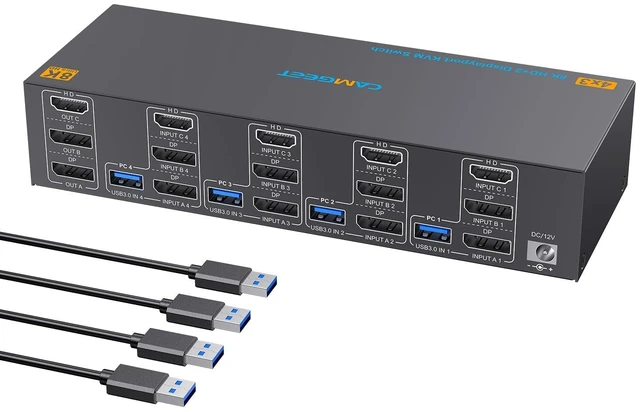 Main image of 8K@60Hz/4K@144Hz KVM Switch 3 Monitors 4 Computers, HDMI Displayport KVM Switches Triple Monitor for 4 Computer Share 3 Monitor and 4 USB3.0 Port, Wired Remote and 4 USB Cables Included