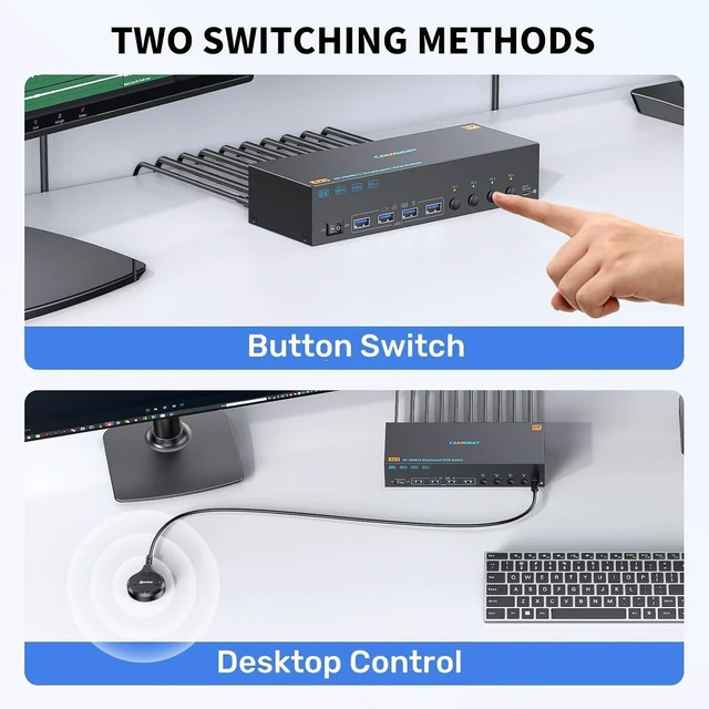 Alt view image 6 of 7 - 8K@60Hz/4K@144Hz KVM Switch 3 Monitors 4 Computers, HDMI Displayport KVM Switches Triple Monitor for 4 Computer Share 3 Monitor and 4 USB3.0 Port, Wired Remote and 4 USB Cables Included