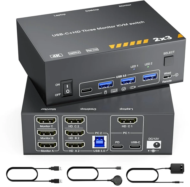 Main image of HDMI KVM Switch 3 Monitors for 1 Laptop 1 Desktop, USB 3.0 KVM Switch 3 Monitor 2 Computer MST USB C HDMI KVM 4K@60Hz,PD 87W, Power Adapter, Wired Remote(4K USB C HDMI 2 in 3 Out KVM)