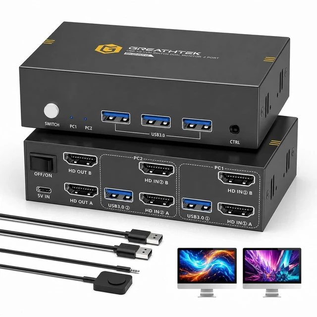 Main image of GREATHTEK 8K@60Hz HDMI KVM Switch 2 Monitors 2 Computers