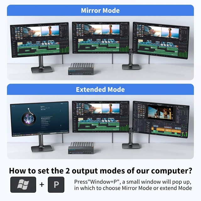 Alt view image 4 of 7 - 8K@60Hz/4K@144Hz KVM Switch 3 Monitors 4 Computers, HDMI Displayport KVM Switches Triple Monitor for 4 Computer Share 3 Monitor and 4 USB3.0 Port, Wired Remote and 4 USB Cables Included