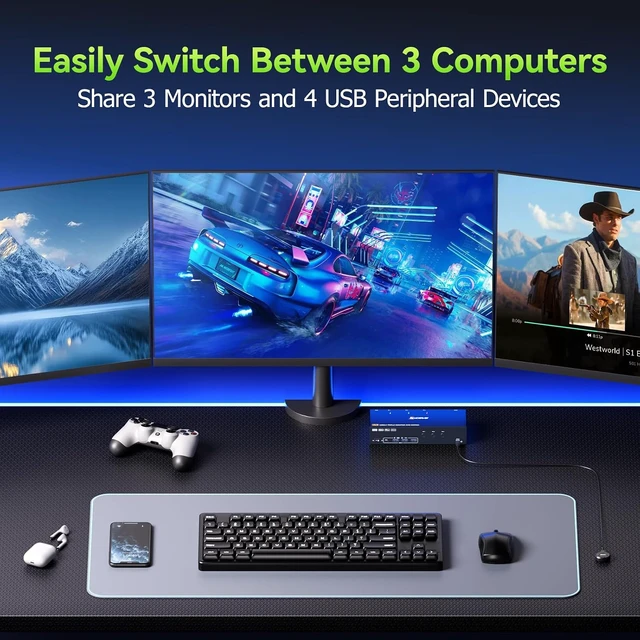 Alt view image 2 of 7 - KVM Switch 3 Monitors 3 Computers 4K@60Hz,EDID Simulation,HDMI Displayport Triple Monitor KVM Switch,3 Monitor KVM with 4 USB 3.0 Ports for Keyboard Mouse, Wired Remote and 3 USB3.0 Cables Included