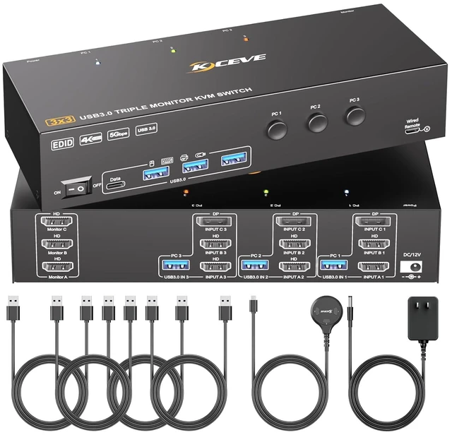 Main image of KVM Switch 3 Monitors 3 Computers 4K@60Hz,EDID Simulation,HDMI Displayport Triple Monitor KVM Switch,3 Monitor KVM with 4 USB 3.0 Ports for Keyboard Mouse, Wired Remote and 3 USB3.0 Cables Included