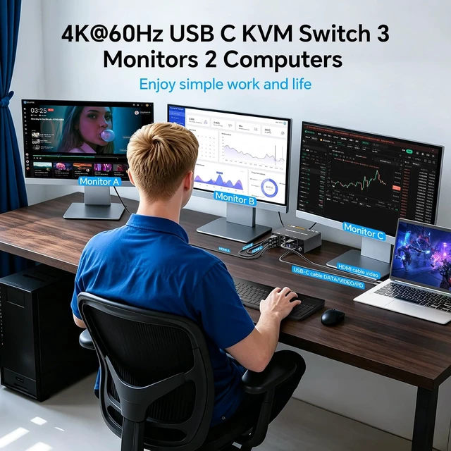 Alt view image 2 of 7 - HDMI KVM Switch 3 Monitors for 1 Laptop 1 Desktop, USB 3.0 KVM Switch 3 Monitor 2 Computer MST USB C HDMI KVM 4K@60Hz,PD 87W, Power Adapter, Wired Remote(4K USB C HDMI 2 in 3 Out KVM)