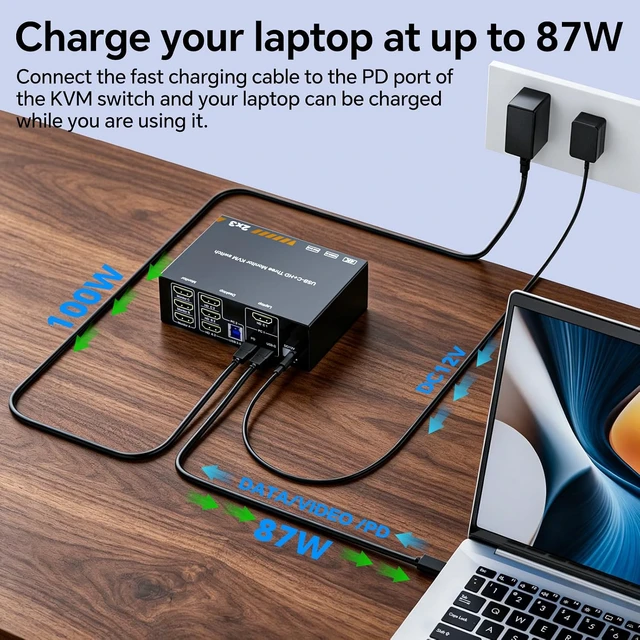 Alt view image 4 of 7 - HDMI KVM Switch 3 Monitors for 1 Laptop 1 Desktop, USB 3.0 KVM Switch 3 Monitor 2 Computer MST USB C HDMI KVM 4K@60Hz,PD 87W, Power Adapter, Wired Remote(4K USB C HDMI 2 in 3 Out KVM)