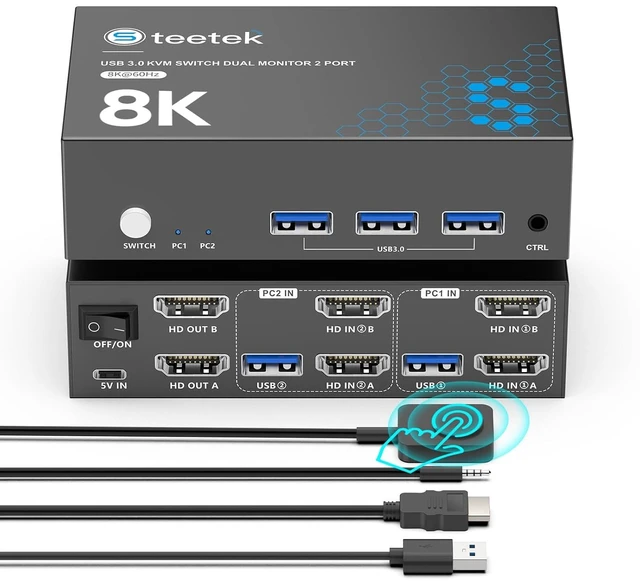 Main image of Hearvo 8K@60Hz KVM Switch 2 Monitors 2 Computers, HDMI, USB-A, Wired Remote