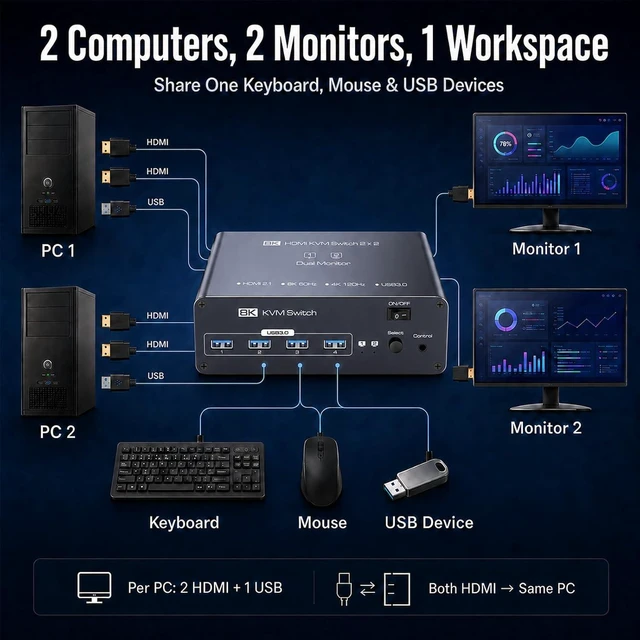 Alt view image 2 of 7 - HDMI KVM Switch 2 Monitors 2 Computers, Dual Monitor, Dual HDMI, USB 3.0