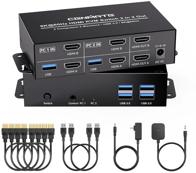 Main image of 8K@60Hz HDMI KVM Switch 2 Monitors 2 Computers, with 4 USB 3.0 Ports for 2 Computers Sharing Dual Monitors Keyboard Mouse Printer with 4 HDMI Cables, 2 USB Cables, Power Adapter and Controller